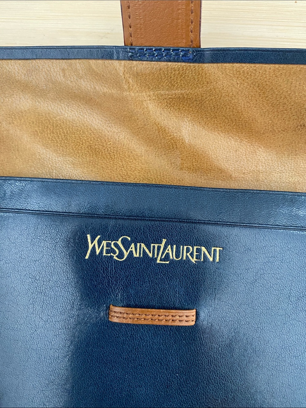Yves Saint Laurent Navy Blue and Brown Leather Clutch Wallet w/Box - Picture 2 of 10